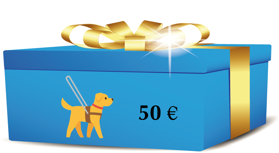 pacchetto dono azzurro e nastro dorato su cui c la scritta 50,00 euro e lillustrazione di un cane guida con il suo guinzaglio, maniglia e pettorina.